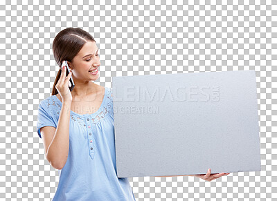 Buy stock photo Mockup, phone call and woman with a board, communication and lady isolated against a transparent background. Female person, girl and model with smartphone, connection and poster with png and talking