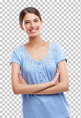 Buy stock photo Portrait, smile or arms crossed with woman isolated on a PNG background for fashion or style. Happy, transparent and gen z with an attractive young biracial female model looking positive or confident