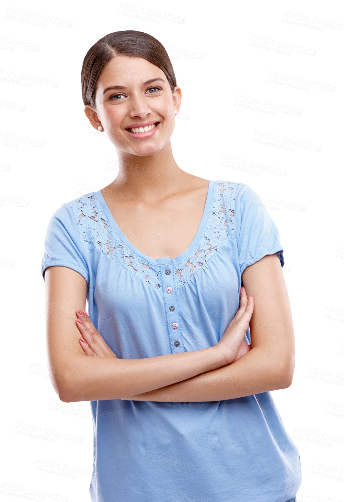 Buy stock photo Portrait, smile or arms crossed with woman isolated on a PNG background for fashion or style. Happy, transparent and gen z with an attractive young biracial female model looking positive or confident