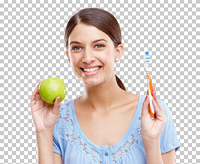 Buy stock photo Dental, portrait or happy woman with toothbrush or apple for nutrition care, wellness or cleaning teeth. Fruit, diet or healthy girl with smile or oral hygiene isolated on transparent png background