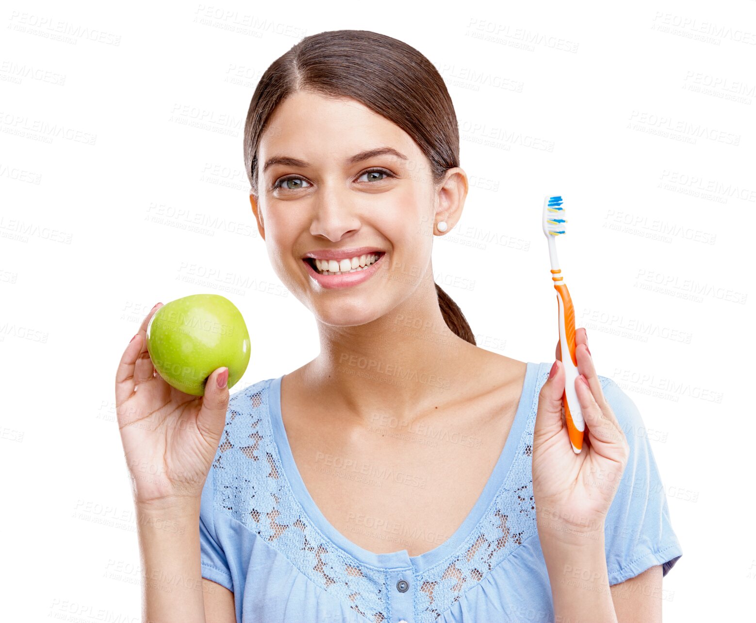 Buy stock photo Dental, portrait or happy woman with toothbrush or apple for nutrition care, wellness or cleaning teeth. Fruit, diet or healthy girl with smile or oral hygiene isolated on transparent png background