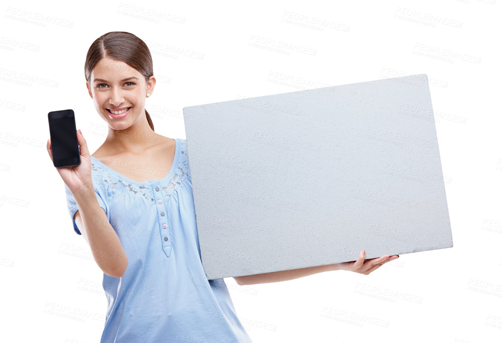 Buy stock photo Portrait, smartphone and woman with poster, smile or lady isolated against transparent background. Face, female model or person with cellphone, brand development and blank board with png and connect