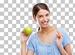 Dental, health and apple with woman and toothbrush for nutrition, medical and cleaning mockup. Fruit, diet and wellness with isolated face of girl for oral hygiene, teeth and food isolated on a png background
