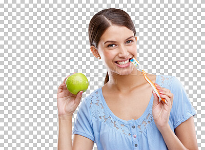 Buy stock photo Dental health, portrait and apple with woman and toothbrush for nutrition, diet and cleaning. Fruit, smile and wellness with girl for oral hygiene and teeth isolated on a transparent png background