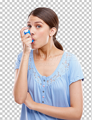 Buy stock photo Portrait, asthma and breathing with a woman isolated on a transparent background for respiratory treatment. PNG, healthcare and medicine with an attractive young indian female holding an asma pump