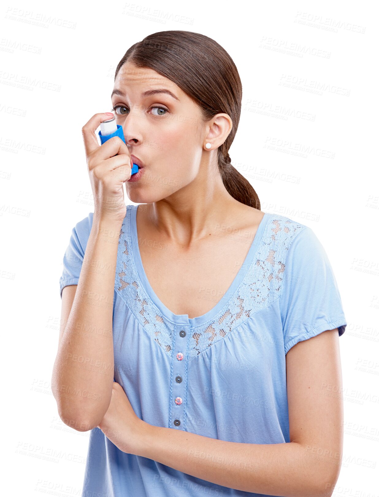 Buy stock photo Portrait, asthma and breathing with a woman isolated on a transparent background for respiratory treatment. PNG, healthcare and medicine with an attractive young indian female holding an asma pump