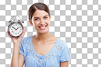 Portrait, clock and hand with a model woman showing an alarm. Time, vintage reminder with a female holding an alarm clock or timer on a blank space isolated on a png background