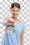 Portrait, clock and time with a model woman showing an alarm. Hand, vintage reminder with a female holding an alarm clock or timer on a blank space isolated on a png background