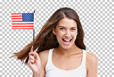 American flag, woman and happy portrait with mockup excited about labor day with isolated on a png background. Isolated, model and happiness of young person smile about usa flag, pride and freedom with joy