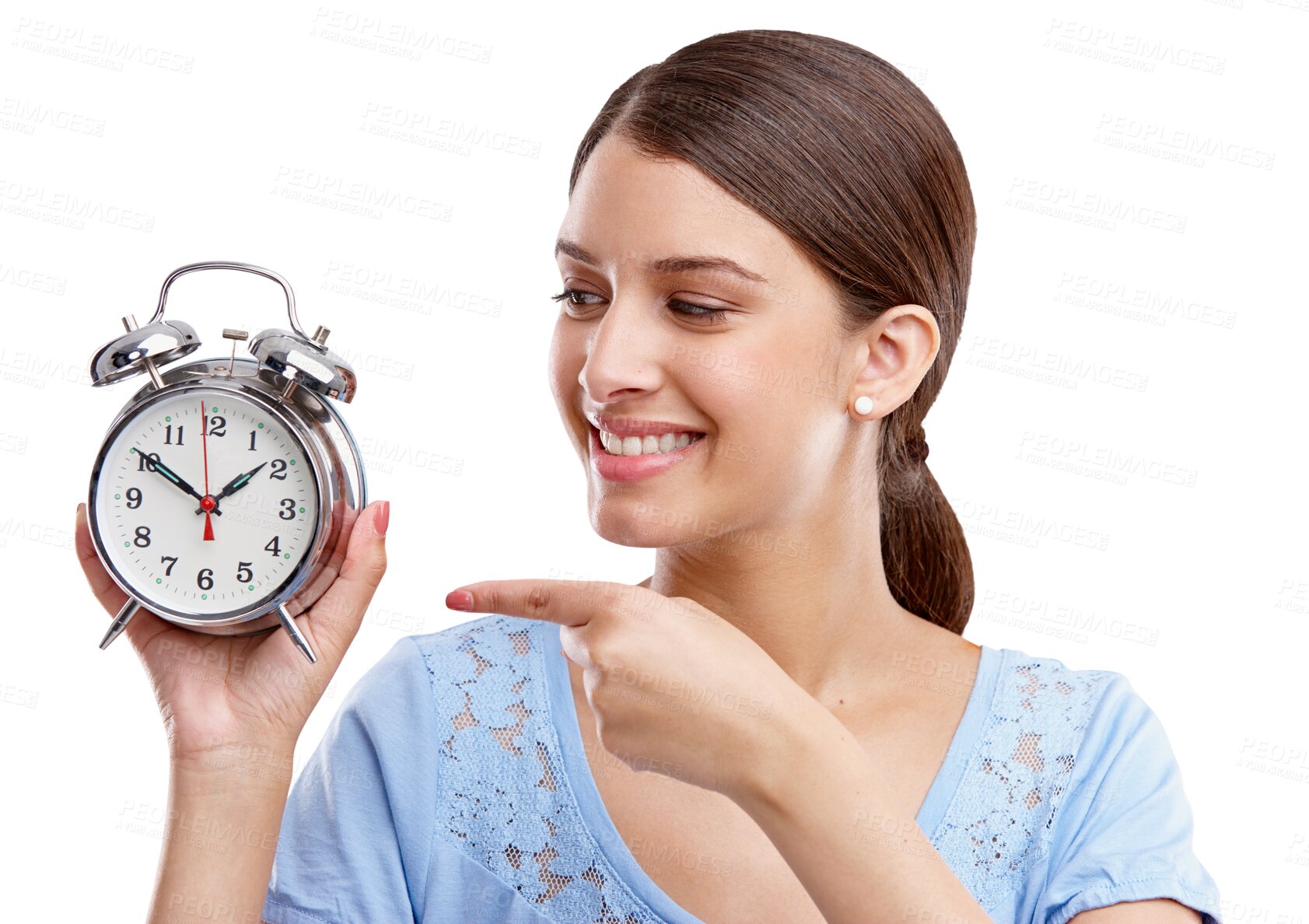 Buy stock photo Clock, time and pointing with a woman isolated on a transparent png background for alarm or reminder. Happy, casual or young brunette female model showing timer, point and schedule for a deadline