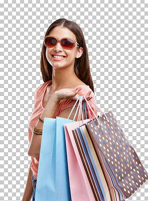 Buy stock photo Woman in sunglasses with shopping bag, customer smile in portrait isolated on transparent, png background. Fashion, retail store and happy female with luxury designer brand on sale at boutique 