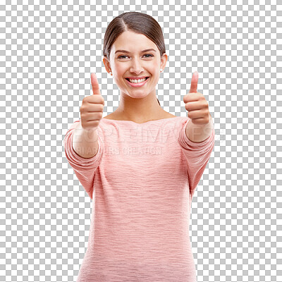 Buy stock photo Portrait, woman and smile with thumbs up for success isolated on a transparent png background. Hand gesture, yes and happy person with like emoji for agreement, approval or winning, vote and ok.