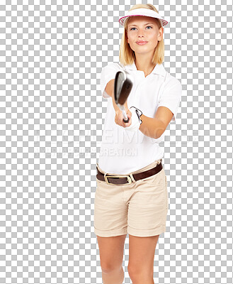 Woman in portrait with golf club, sports and golf with fitness and training mockup against isolated on a png background. Sport motivation, exercise and golfer athlete, focus and wellness with active health