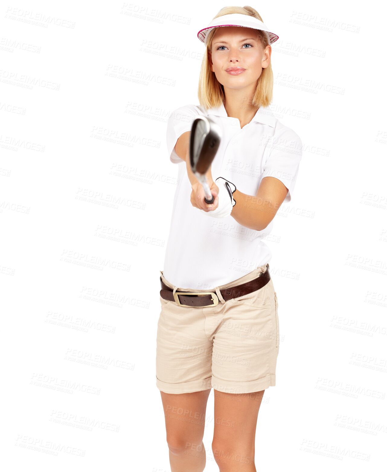 Buy stock photo Portrait, golf club and woman with sport, training and practice for wellness against a transparent background. Face, female athlete and person with equipment, fitness and active with png and exercise