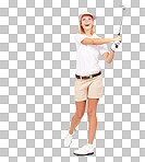 Fitness, exercise and golf by woman in studio happy, relax and smile while training isolated on a png background. Sport, wellness and girl golf player laughing while playing, having fun and swinging golf club