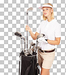 Golf, woman and sport clubs portrait of a model with sports gear. Thinking, game club choice and female athlete with sportwear looking thoughtful with mock up space isolated on a png background