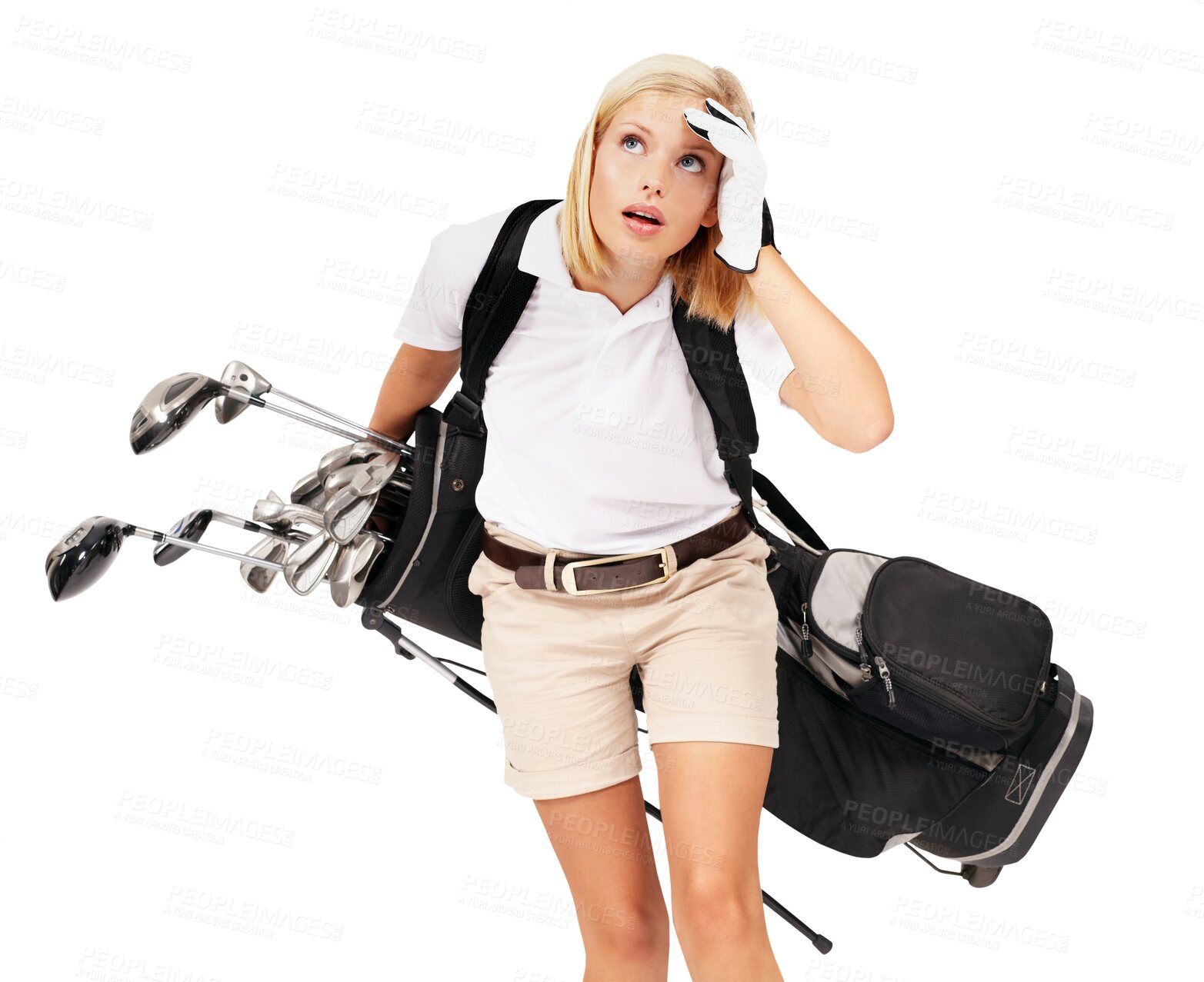 Buy stock photo Sports, tired and exhausted woman with a golf bag and clubs isolated on a transparent, png background. Fitness, athlete and female golfer or player with heavy equipment for training or competition