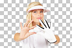 Portrait, golf ball and white background of woman with glove hands, sports uniform and face. female golfer showing equipment for games, action and hobby with skill, playing or golfing isolated on a png background