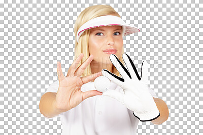 Portrait, golf ball and white background of woman with glove hands, sports uniform and face. female golfer showing equipment for games, action and hobby with skill, playing or golfing isolated on a png background