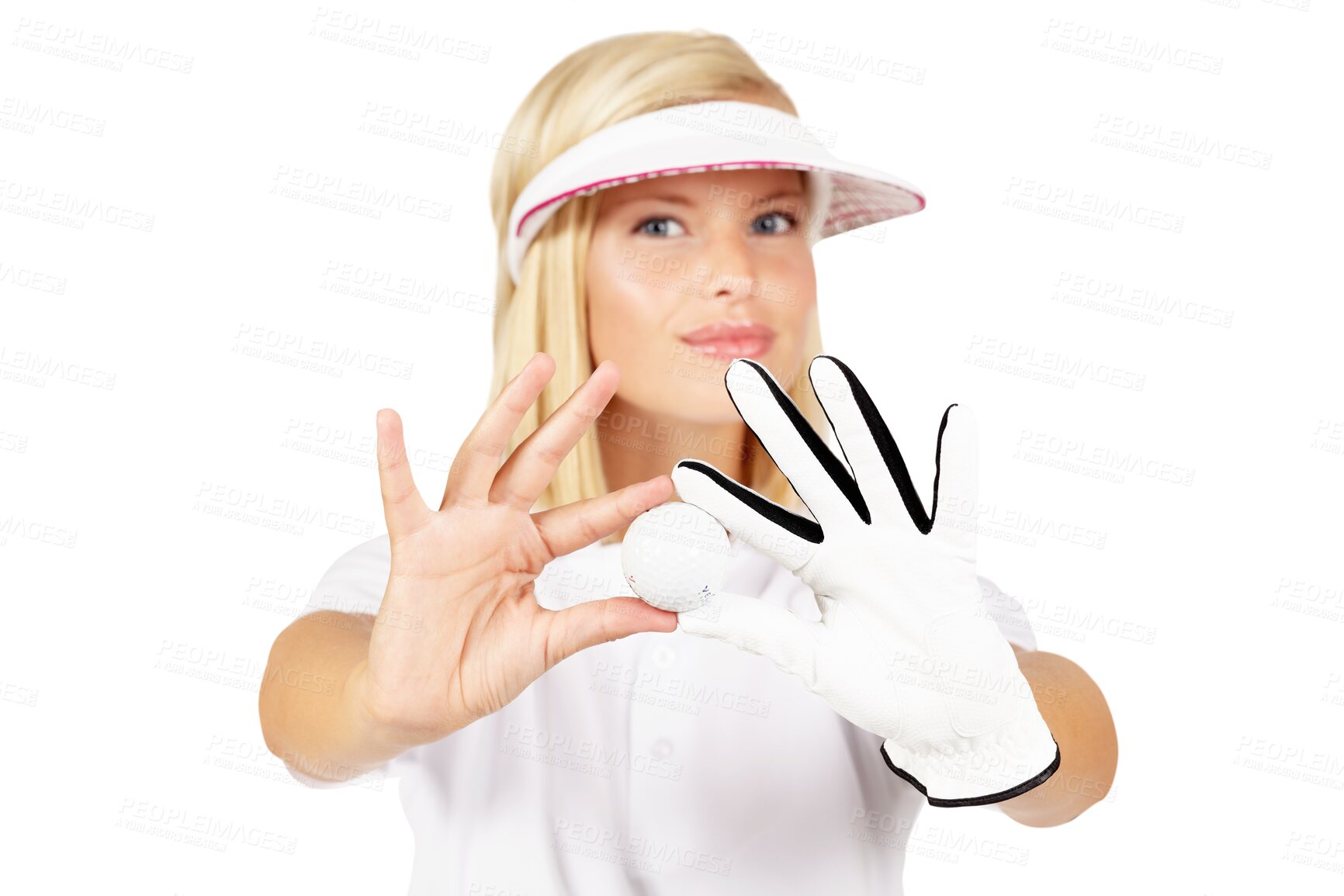 Buy stock photo Portrait, golf ball and a sports woman isolated on a transparent background for fitness or recreation. PNG, hands and training with an attractive young female golfer holding golfing equipment