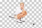 Golf, woman thinking or upset face with club for sports activity or kneeling thoughtful. Golfer, unhappy and person wondering with golf club, annoyed or waiting for golfing isolated on a png background