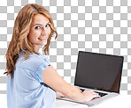 Portrait, woman and laptop mockup  for networking, digital marketing and seo research. Happy female model, computer typing and website analytics on technology with mock up screen isolated on a png background