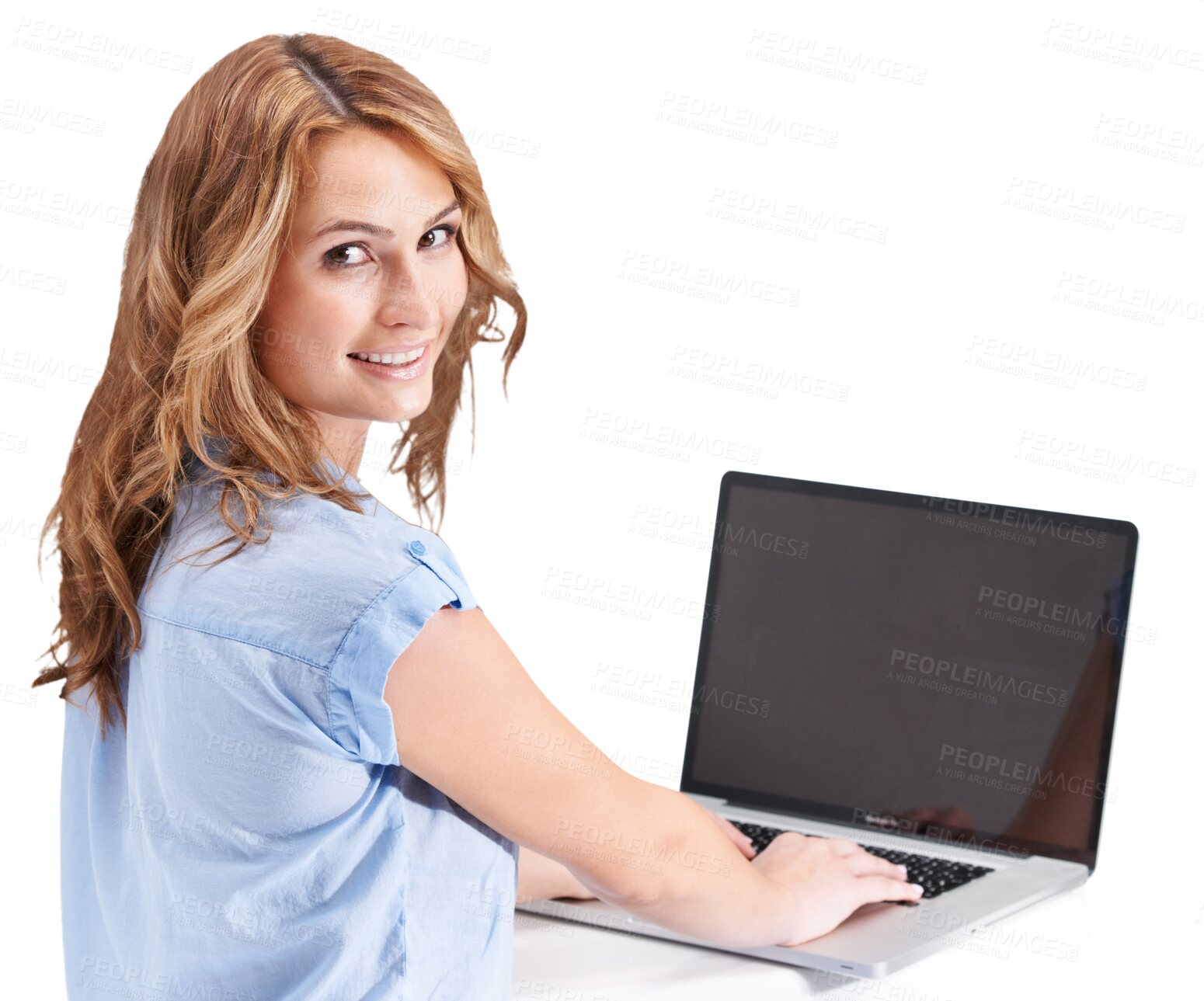 Buy stock photo Portrait, woman and laptop mockup for networking, digital marketing and seo research. Happy worker, pc typing and website analytics on technology with screen isolated on a transparent png background