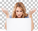 Business, glitch and woman with laptop, stress and frustrated with slow internet, confused. Female entrepreneur, boss or lady with computer, data breach or stock market crash isolated on a png background