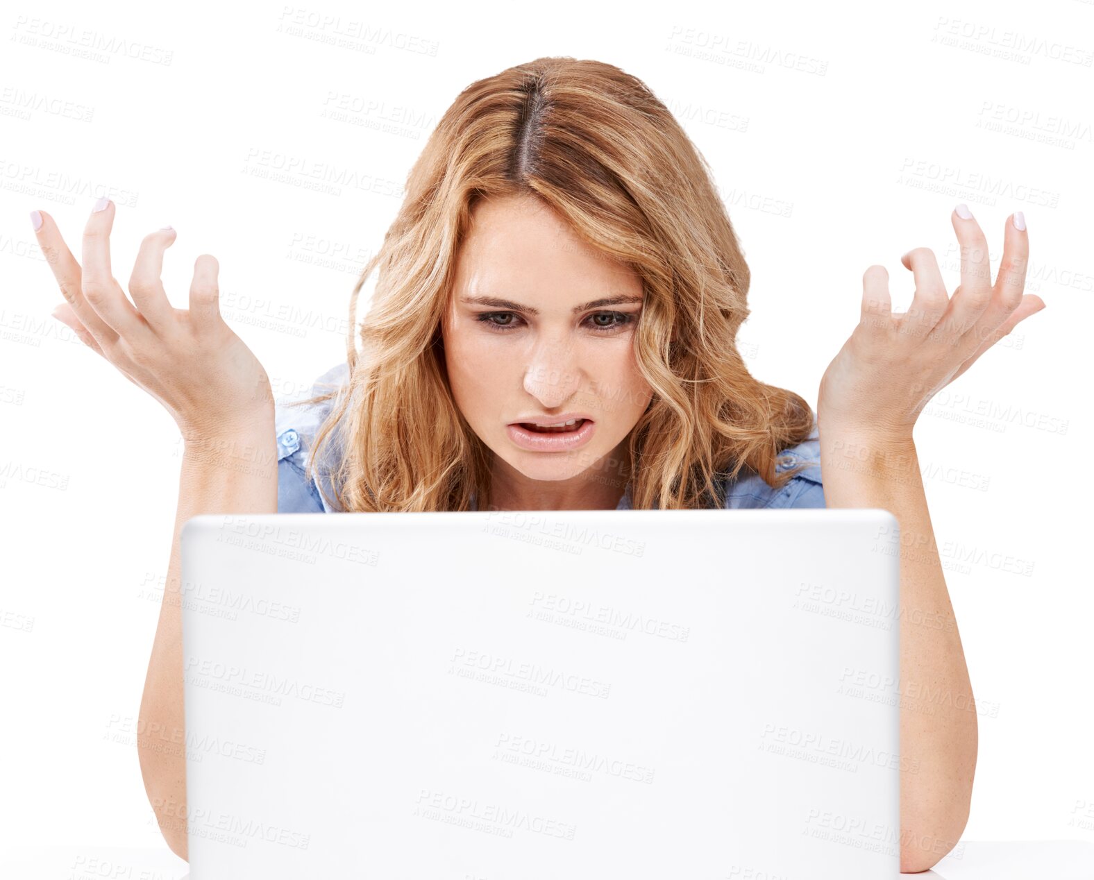 Buy stock photo Business, glitch and woman with laptop, stress and worker isolated on a transparent studio background. Female employee, consultant or lady frustrated, slow internet or confused person on png backdrop