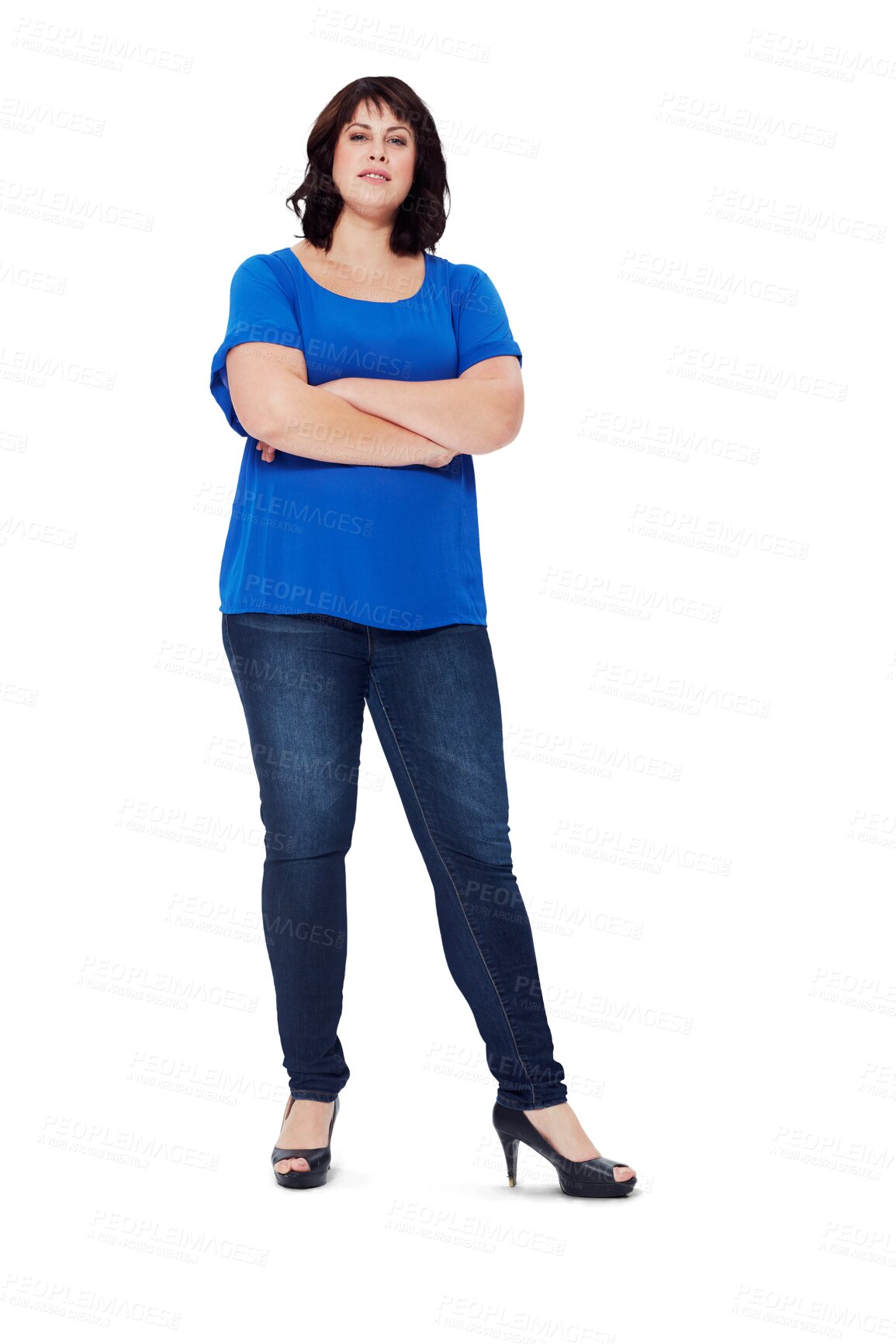 Buy stock photo Arms crossed, plus size and woman portrait isolated on transparent, png background confident, serious and fashion. Elegant clothes, high heels and professional model or person with proud leadership