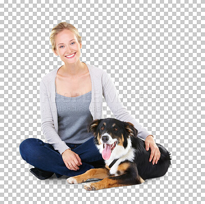 Buy stock photo Love, pets and woman portrait with dog and smile with happiness, pet care and dogs support. Best friends, happy female person and animal relax together isolated on a transparent, png background
