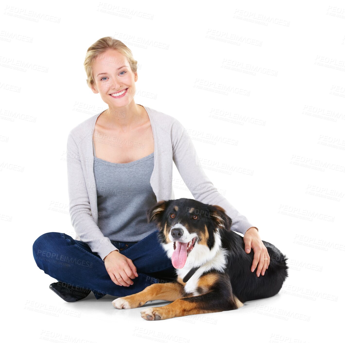 Buy stock photo Love, pets and woman portrait with dog and smile with happiness, pet care and dogs support. Best friends, happy female person and animal relax together isolated on a transparent, png background
