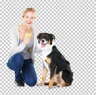 Buy stock photo Happy, portrait and woman with dog and tennis ball playing on isolated, transparent and png background. Face, pet and female relax with border collie puppy and toy for training, games and having fun