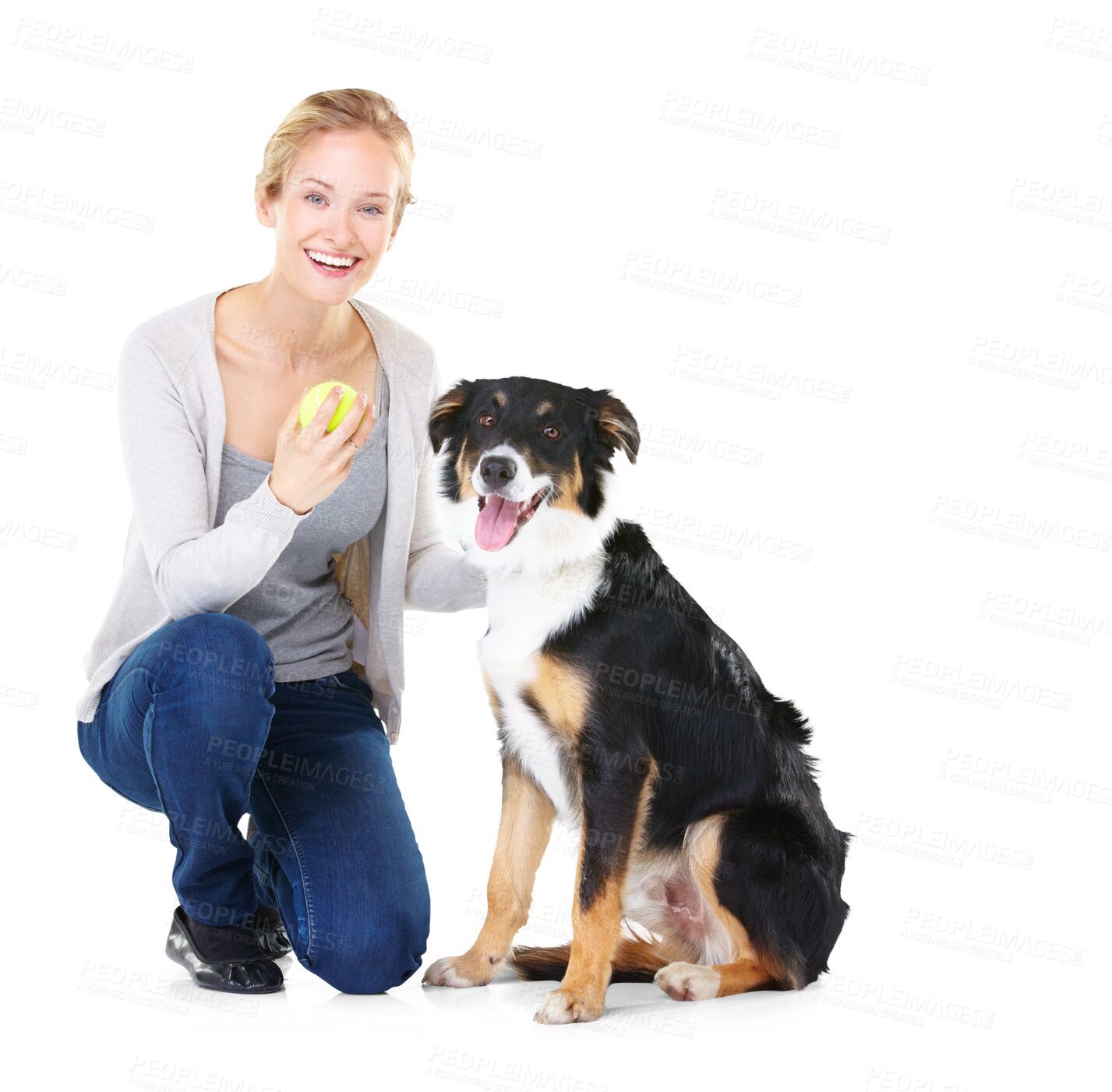 Buy stock photo Happy, portrait and woman with dog and tennis ball playing on isolated, transparent and png background. Face, pet and female relax with border collie puppy and toy for training, games and having fun