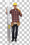 Construction, maintenance and portrait of a builder on a ladder for home improvement. Service, happy and safety construction worker with a building or repair job isolated on a png background in studio