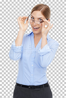 Buy stock photo Portrait, glasses and PNG with an excited woman isolated on a transparent background for vision. Eyewear, eyesight and optometry with an attractive young female posing in prescription frame lenses