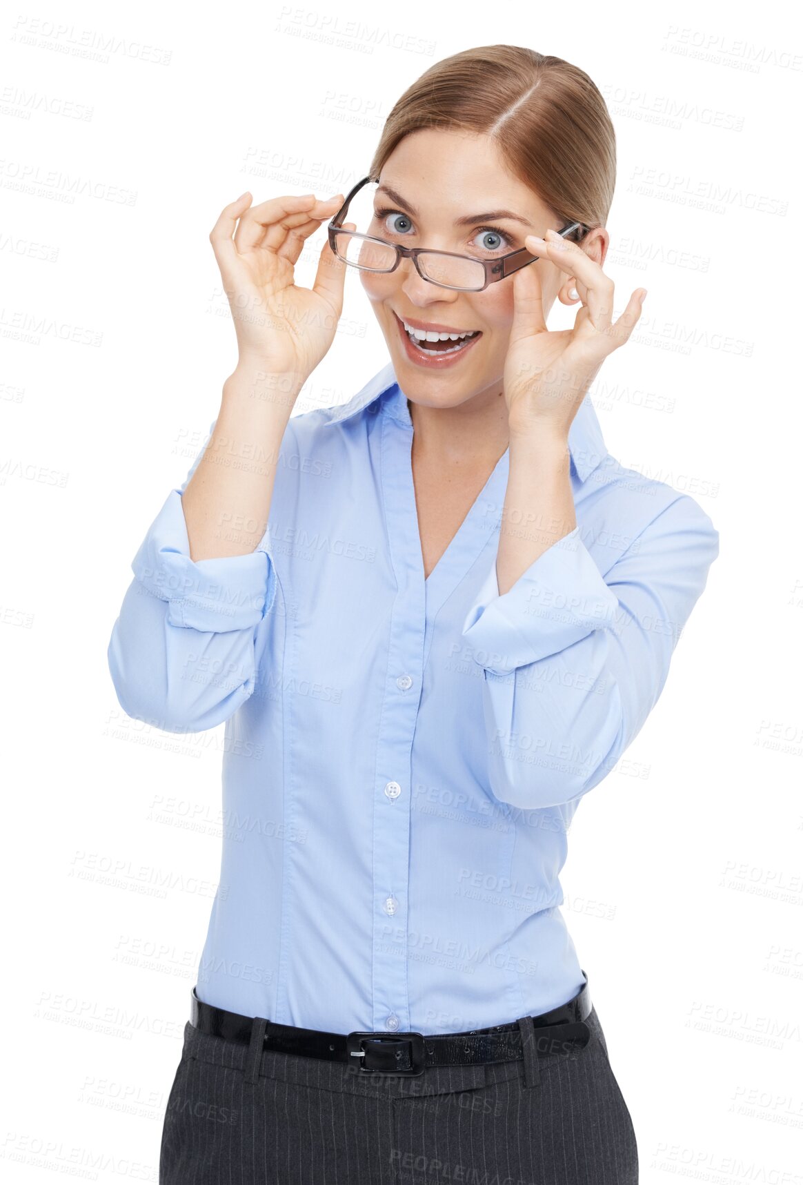 Buy stock photo Portrait, glasses and PNG with an excited woman isolated on a transparent background for vision. Eyewear, eyesight and optometry with an attractive young female posing in prescription frame lenses