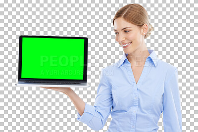 Buy stock photo Laptop, green screen and woman with smile, business and pc against a transparent studio background. Female employee, happy worker and entrepreneur with device, technology or computer on png backdrop.