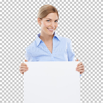 Buy stock photo Portrait, business and woman with poster, mockup and smile isolated against a transparent studio background. Face, female employee or entrepreneur with blank board, product placement and png backdrop