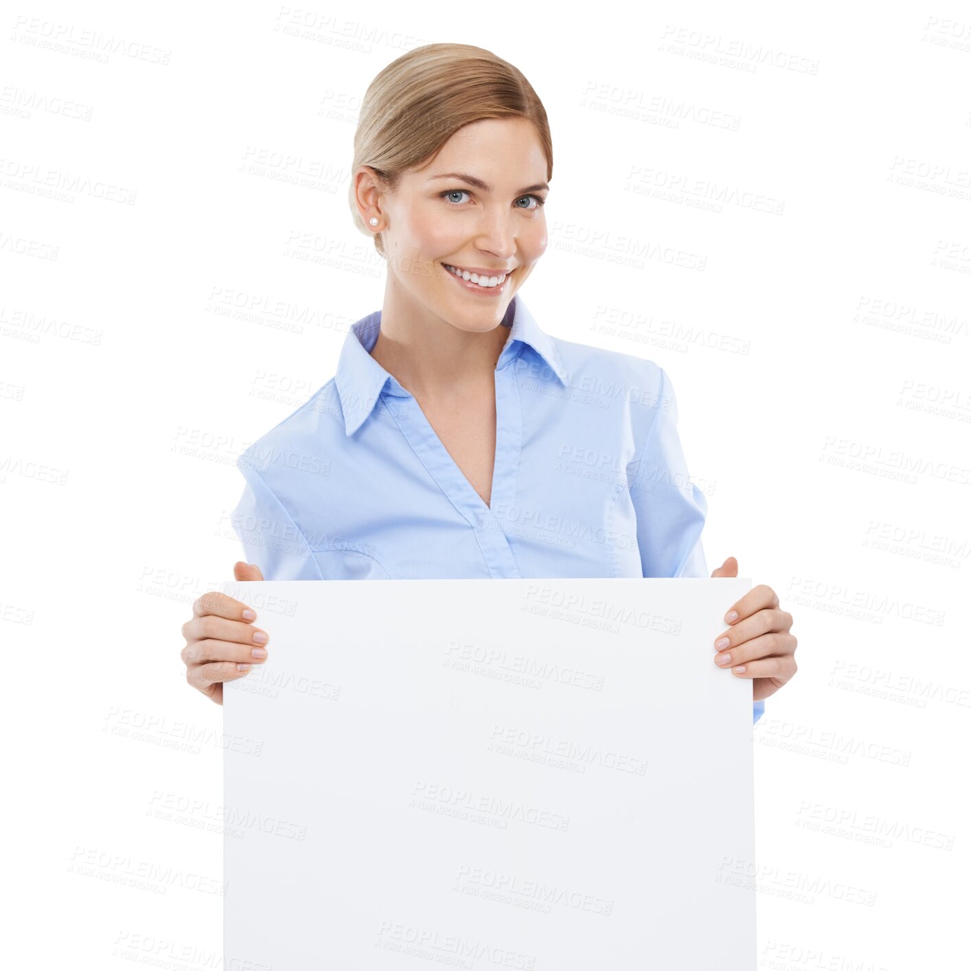 Buy stock photo Portrait, business and woman with poster, mockup and smile isolated against a transparent studio background. Face, female employee or entrepreneur with blank board, product placement and png backdrop