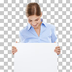 Banner, poster and a business woman with advertising space, billboard or mockup for brand logo. Female with announcement, product placement or signage for marketing isolated on a png background