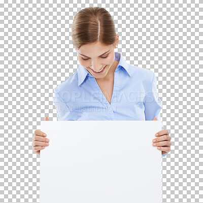 Buy stock photo Banner, mockup and a woman with advertising space, billboard or mock up for brand logo. Female with announcement, product placement or signage for marketing isolated on a transparent png background