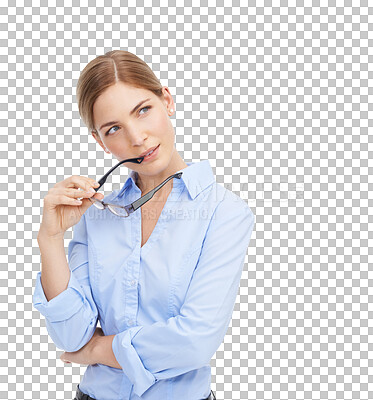 Buy stock photo Woman, thinking and standing in thought with glasses, planning and thoughtful. Corporate, female and holding eyewear contemplating about sight, vision or idea isolated on a transparent png background