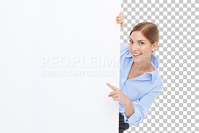 Buy stock photo Presentation, billboard and business woman is pointing in portrait, product placement isolated on transparent, png background. Blank signage, marketing with promo poster mockup and female with smile