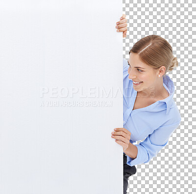 Buy stock photo Presentation, billboard and business woman with poster mockup isolated on transparent, png background. Blank signage, marketing with promo and product placement, female with smile and advertising