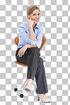 Businesswoman, happy portrait and office chair in studio, isolated on a png background and happiness. Female worker, model and employee sitting on chair with smile, management and motivation in corporate career