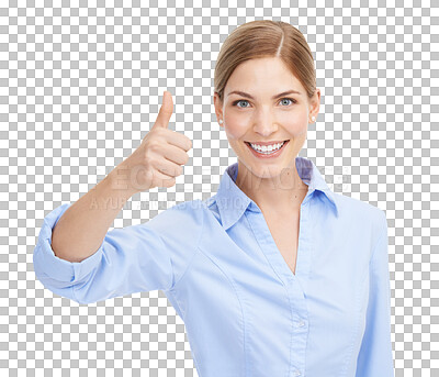 Buy stock photo Thumbs up, portrait or woman with success, winning or happy lady isolated against a transparent studio background. Face, female employee or freelancer with symbol for like or approval on png backdrop