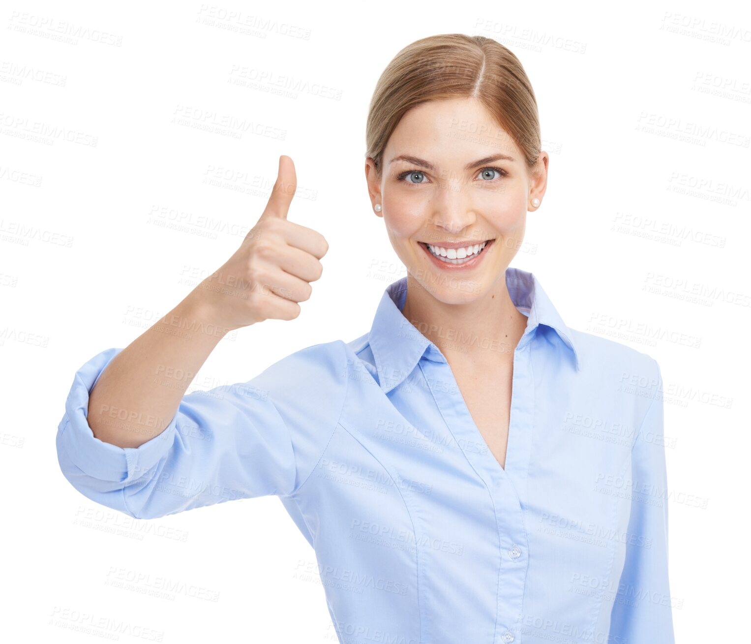 Buy stock photo Thumbs up, portrait or woman with success, winning or happy lady isolated against a transparent studio background. Face, female employee or freelancer with symbol for like or approval on png backdrop