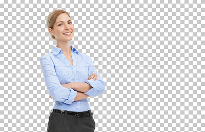 Buy stock photo Portrait, smile and woman with arms crossed, business and successful lady isolated on transparent background. Face, female employee and happy entrepreneur with happiness, confidence and png backdrop