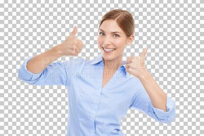 Buy stock photo Portrait, thumbs up and PNG with a business woman isolated on a transparent background for motivation. Thank you, success and hand gesture with an attractive young female in celebration of a deal